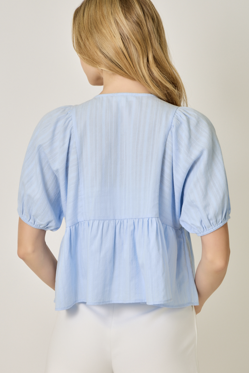 Mystree Short Sleeve Floral Embroidery Accent Peplum Blouse