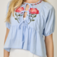 Mystree Short Sleeve Floral Embroidery Accent Peplum Blouse