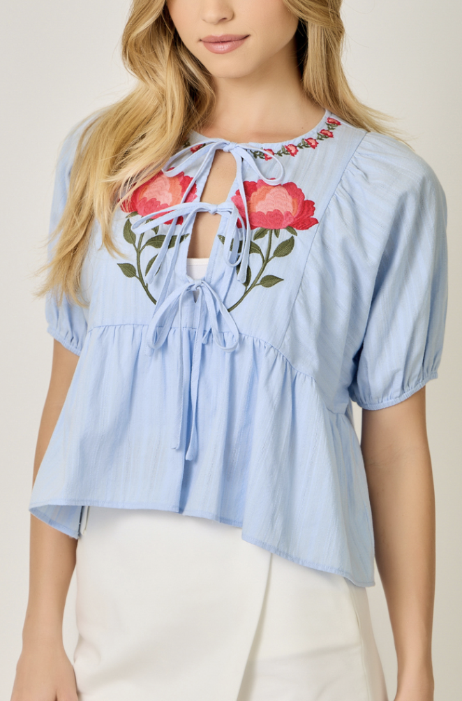 Mystree Short Sleeve Floral Embroidery Accent Peplum Blouse