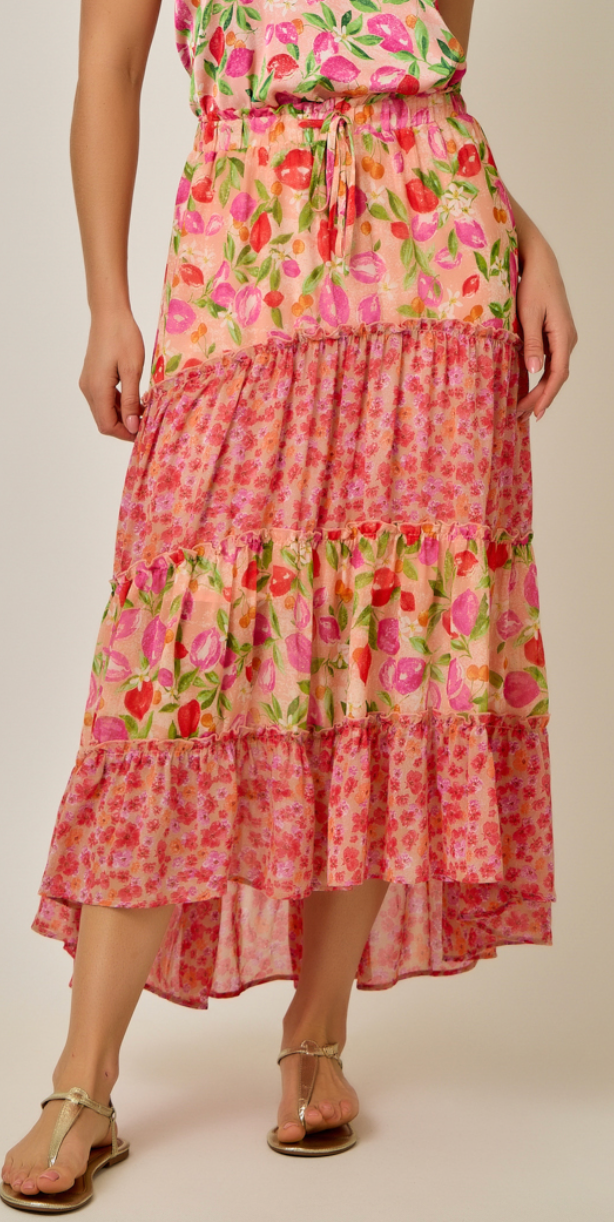 Mystree Mixed Berries Print Tiered Skirt