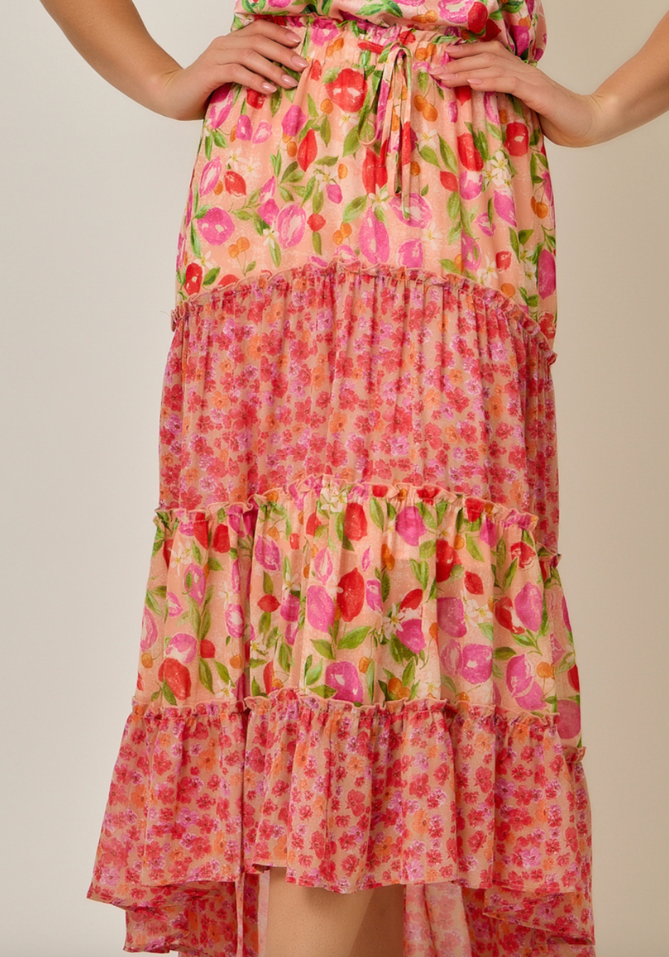 Mystree Mixed Berries Print Tiered Skirt