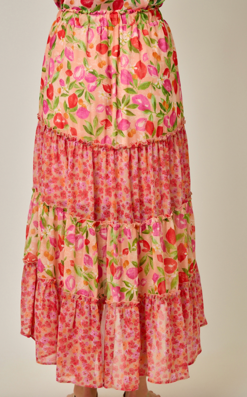 Mystree Mixed Berries Print Tiered Skirt