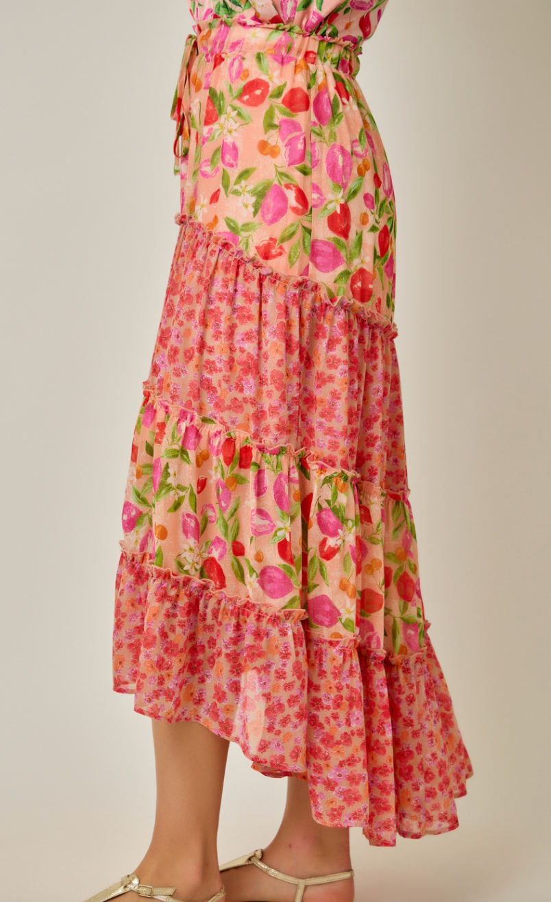 Mystree Mixed Berries Print Tiered Skirt