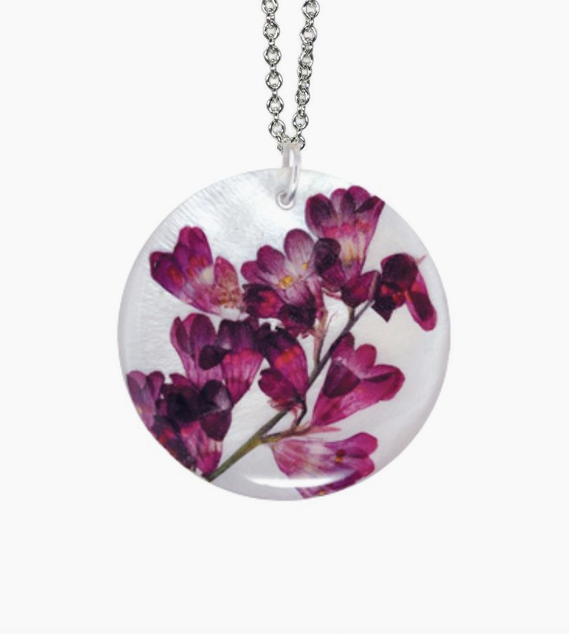 Shari Dixon Coral Bells Necklace | Real Pressed Flower Shell Sterling Silver Plated Pendant
