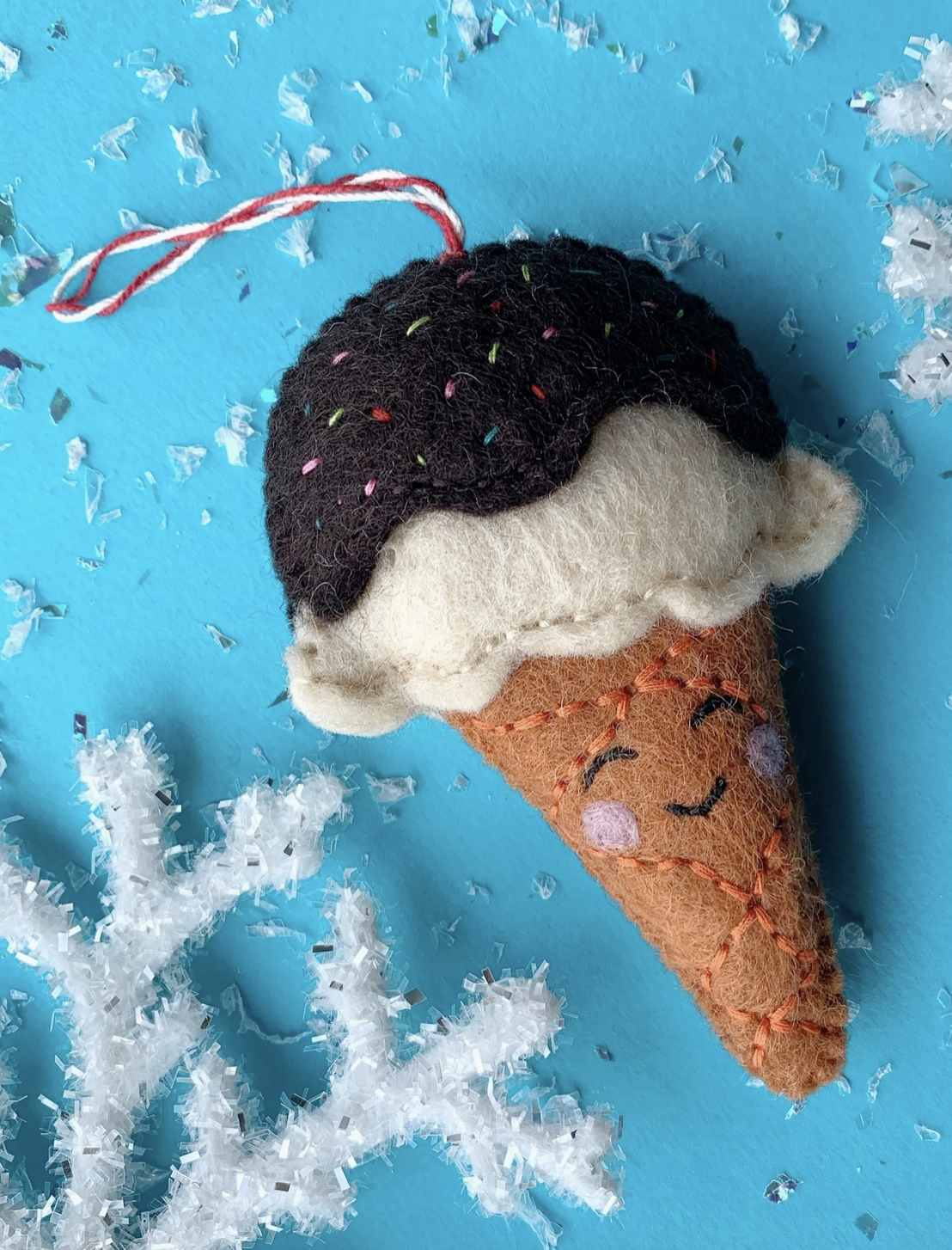 ORNAMENTS 4 ORPHANS Ice Cream Cone Felt Wool Ornament, Smiling