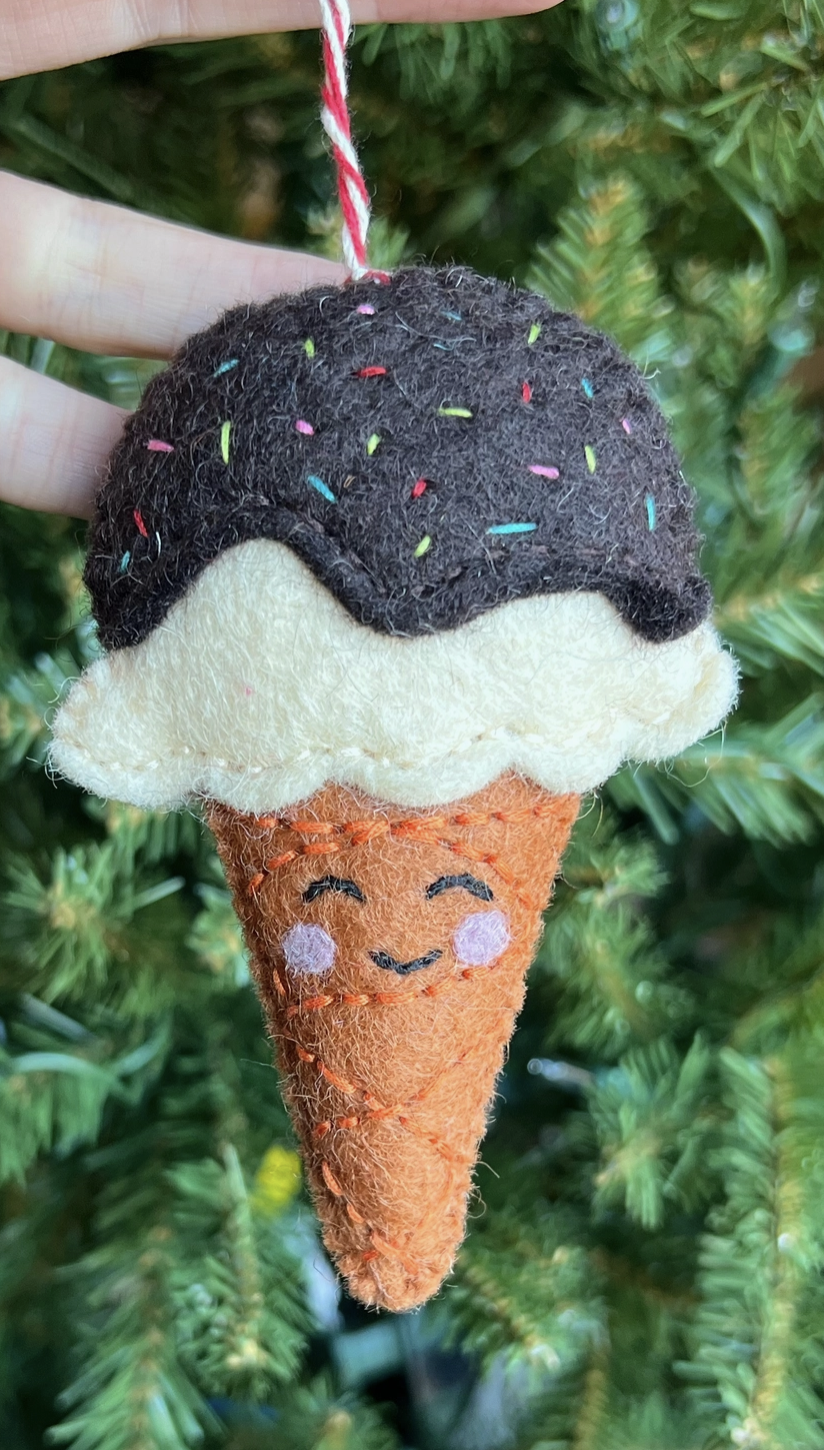 ORNAMENTS 4 ORPHANS Ice Cream Cone Felt Wool Ornament, Smiling