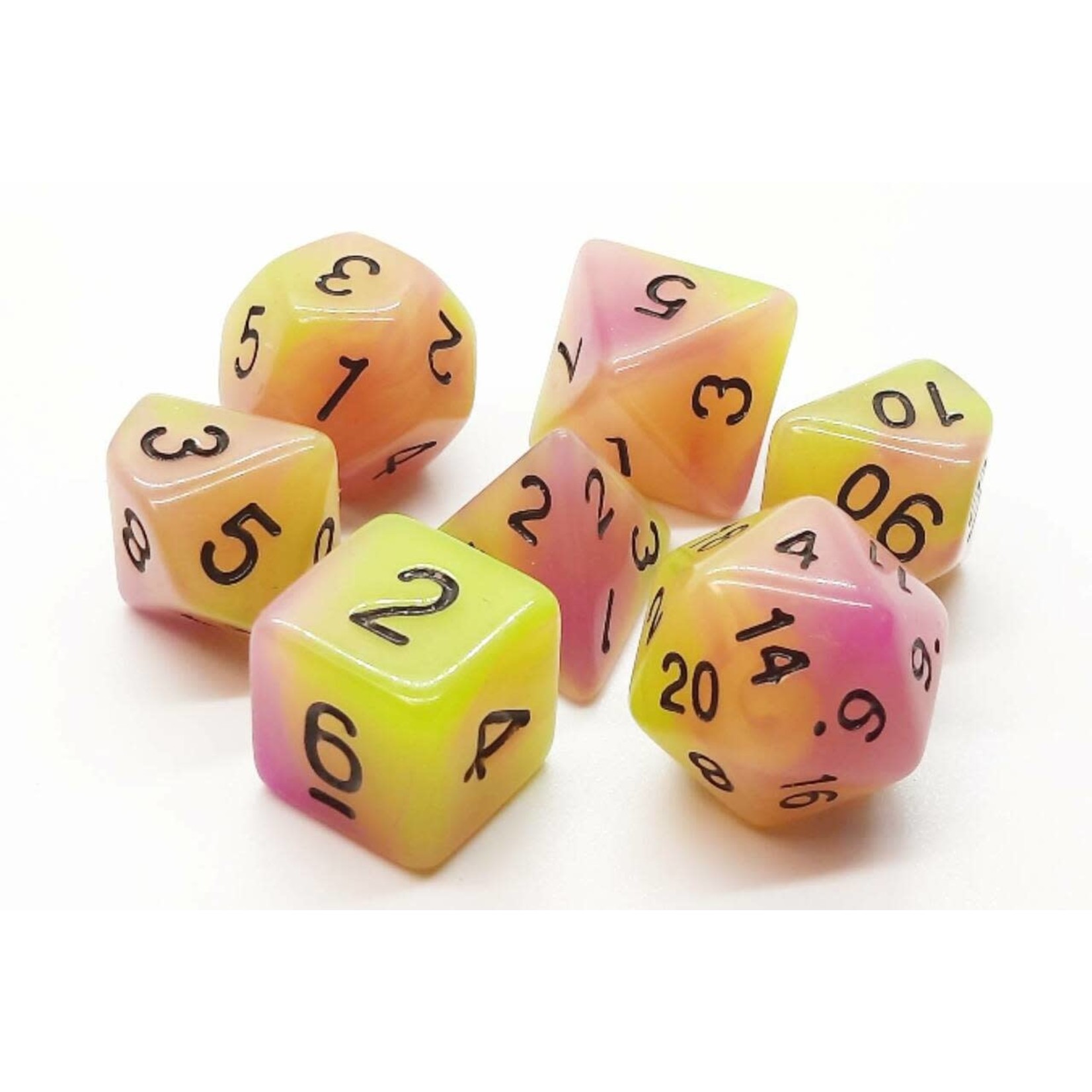 Old School 7 Piece Dice Set: Glow in the Dark - Yellow and Purple