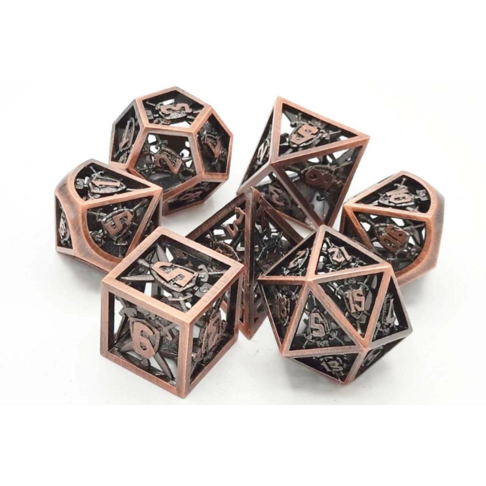 Old School 7 Piece Dice Set: Hollow Sword and Shield Dice - Brushed Copper