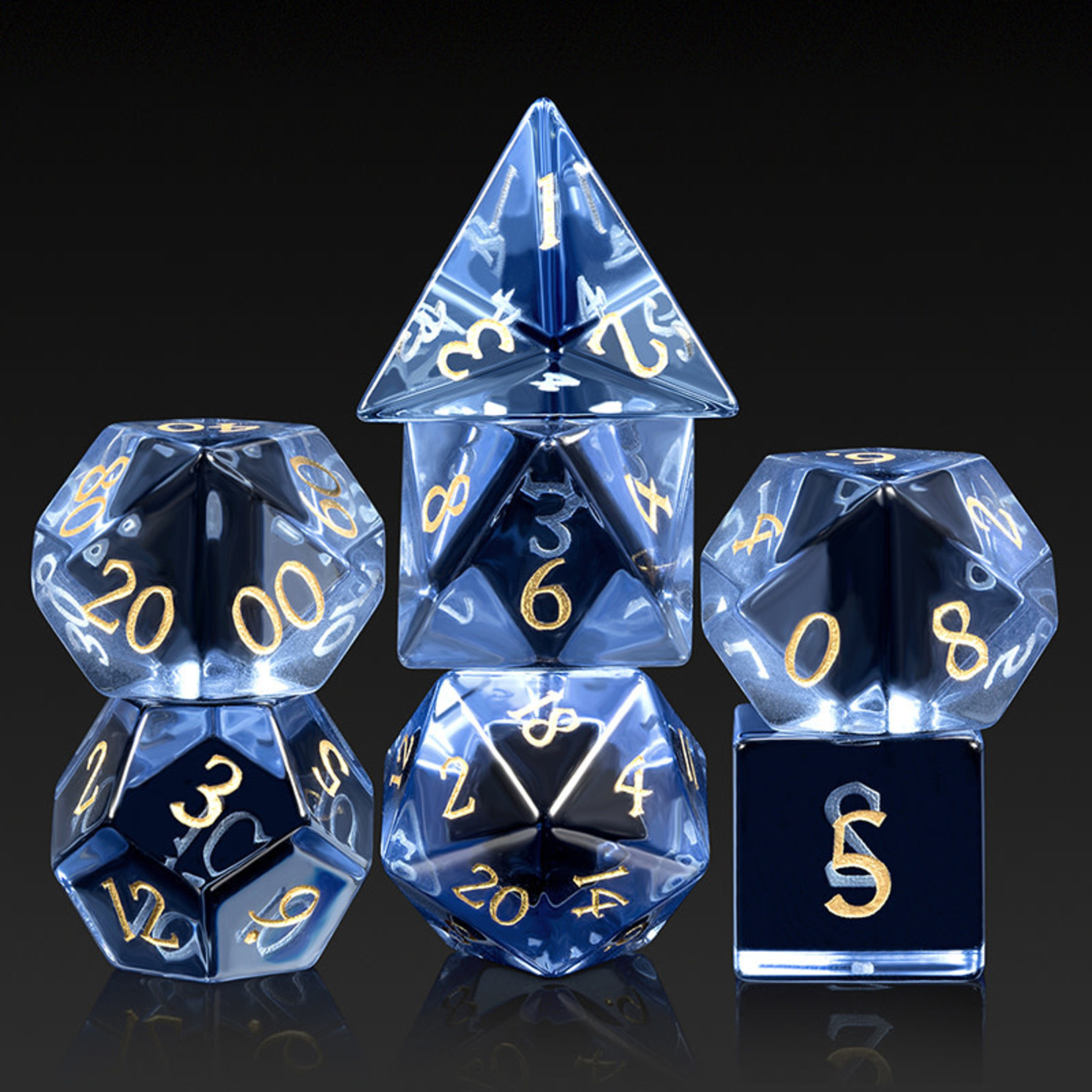 GTH Glass Dice Set (7pc) Sapphire Zircon