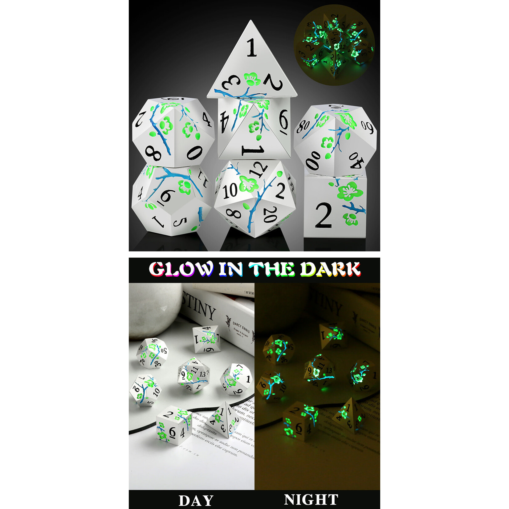 GTH Metal & Enamel Dice Set (7pcs) - Sakura [Silver & Green] (Glow)