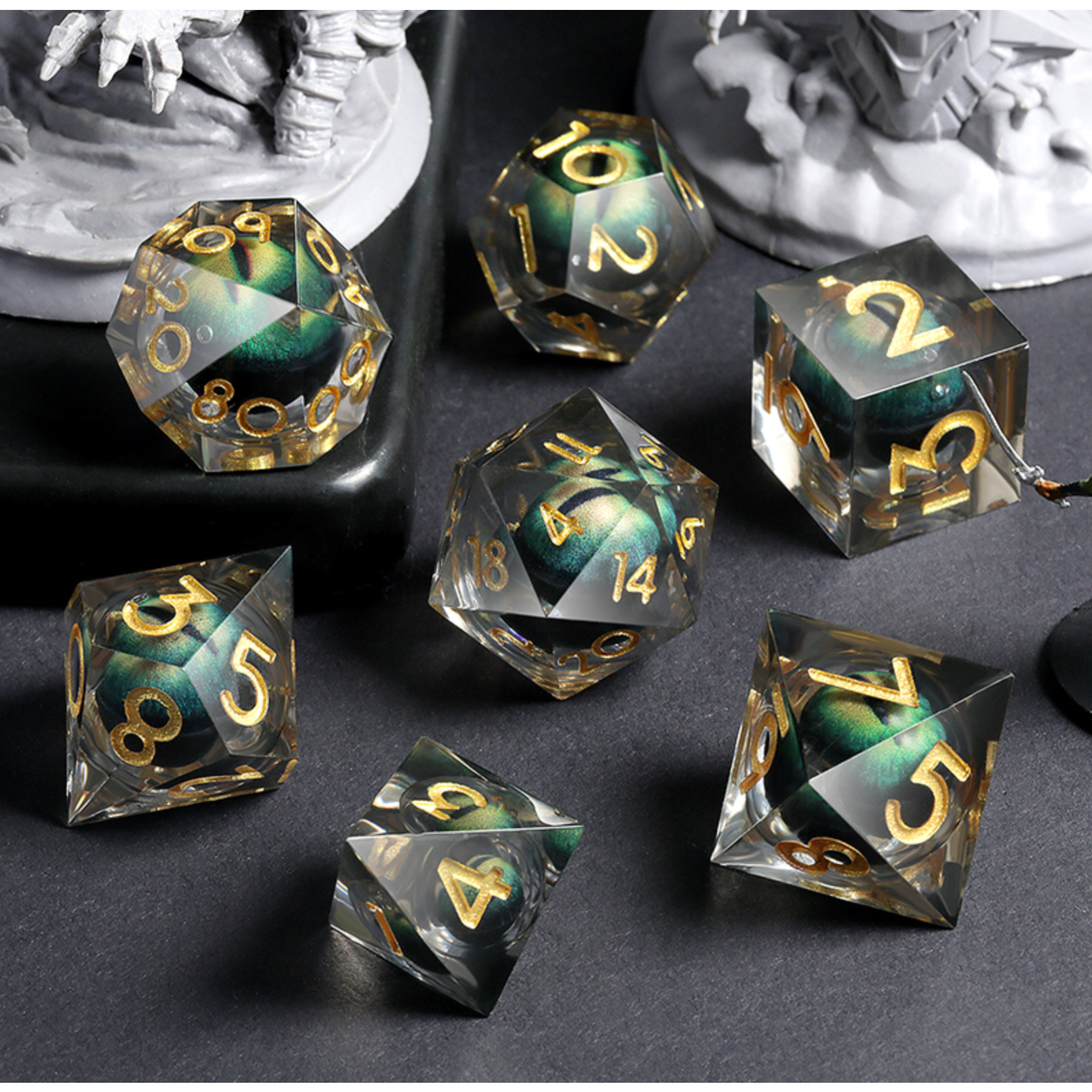 GTH Sharp Edge Dice Set Infused (7pcs) (Dragon Eye) Green
