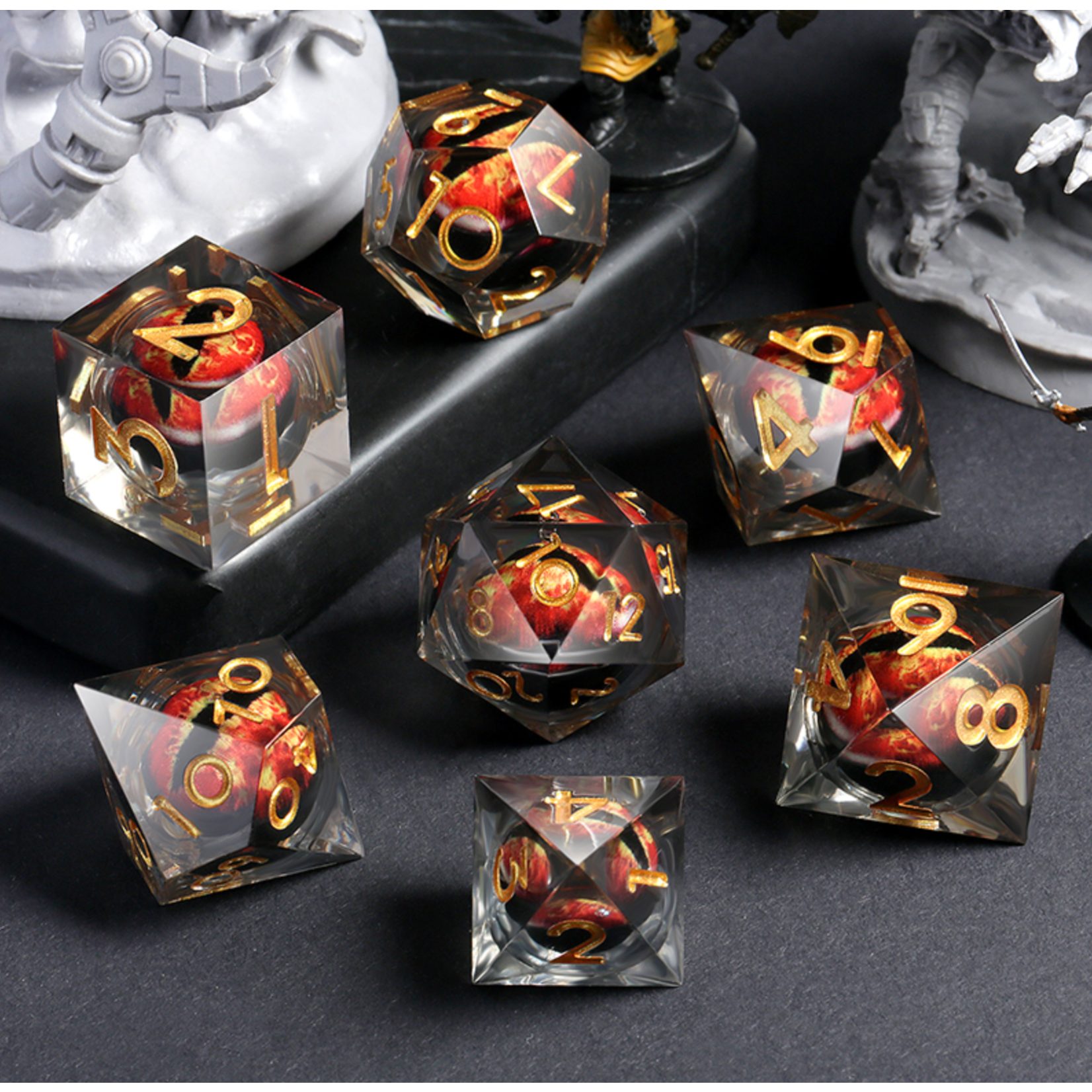 GTH Sharp Edge Dice Set Infused (7pcs) (Dragon Eye) Red