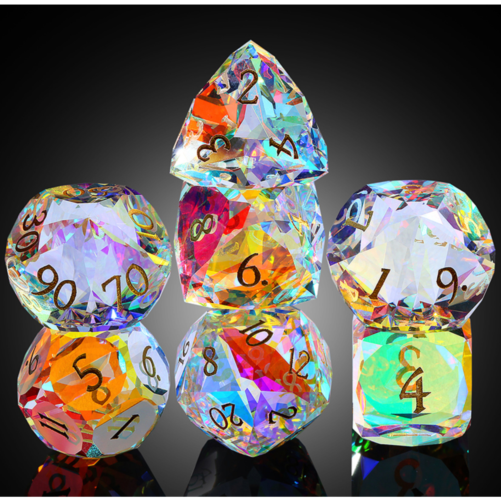 GTH Faceted Glass Dice Set (7pcs) Rainbow K9 Glass