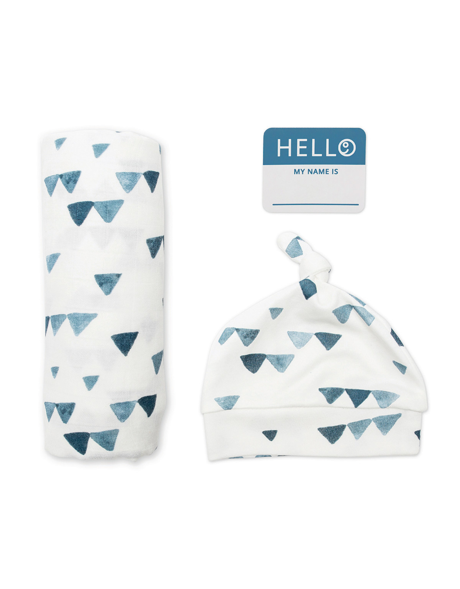 Hello World Blanket & Knotted Hat - Navy Triangles
