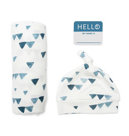 Hello World Blanket & Knotted Hat - Navy Triangles