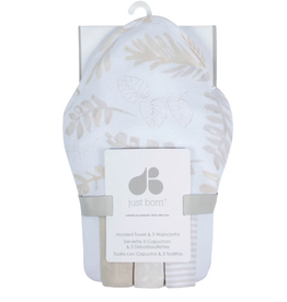 Just Born 4-Piece Baby Neutral Natural Leaves Hooded Towel & Washcloth