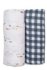 Cotton Muslin Swaddle Blankets - 2 pack - Boho - Fish + Navy Gingham