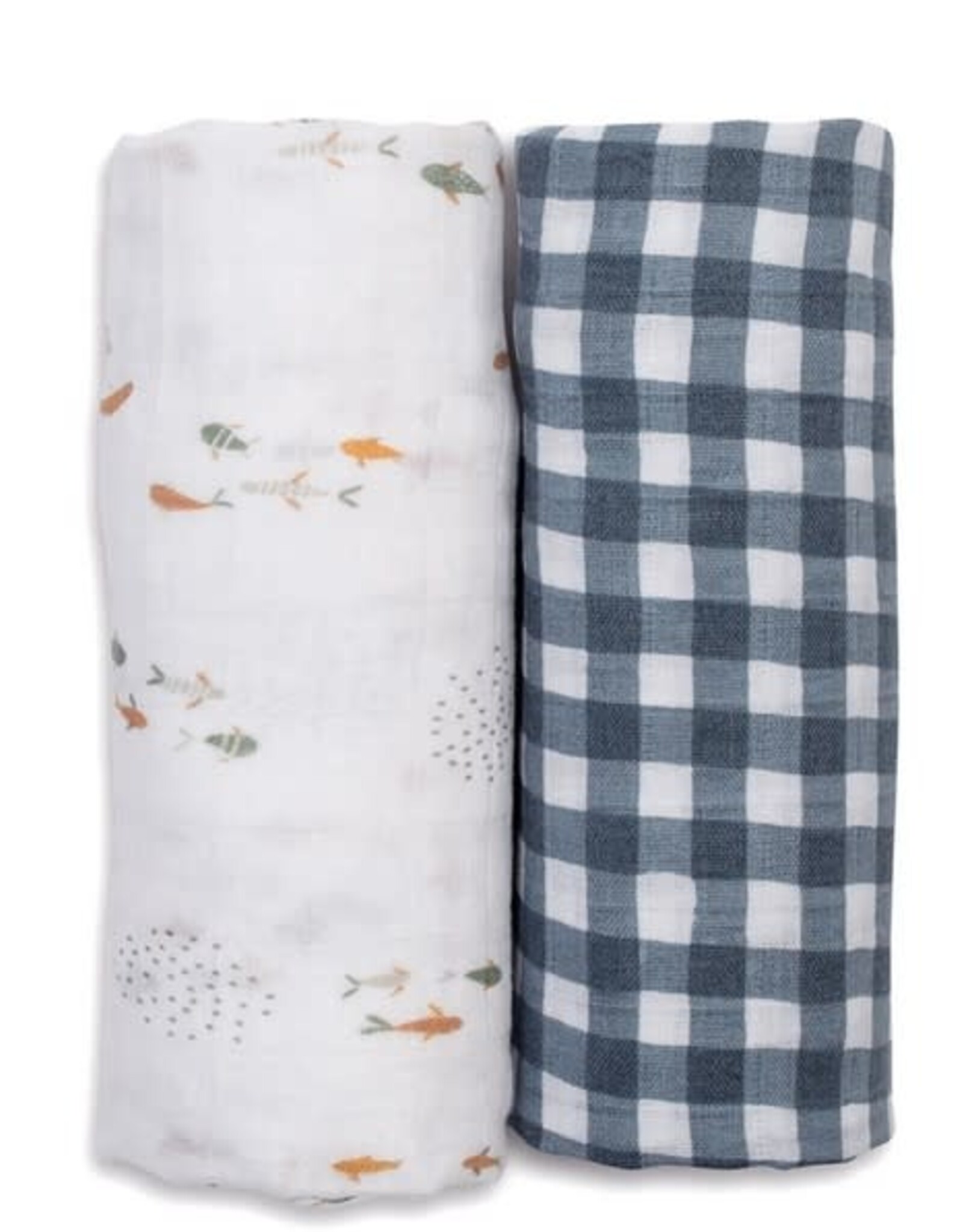 Cotton Muslin Swaddle Blankets - 2 pack - Boho - Fish + Navy Gingham