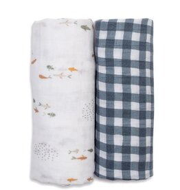 Cotton Muslin Swaddle Blankets - 2 pack - Boho - Fish + Navy Gingham