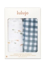 Cotton Muslin Swaddle Blankets - 2 pack - Boho - Fish + Navy Gingham