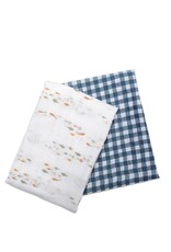 Cotton Muslin Swaddle Blankets - 2 pack - Boho - Fish + Navy Gingham