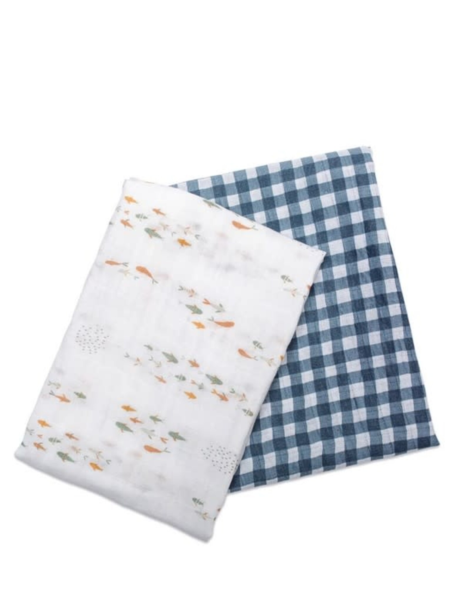 Cotton Muslin Swaddle Blankets - 2 pack - Boho - Fish + Navy Gingham