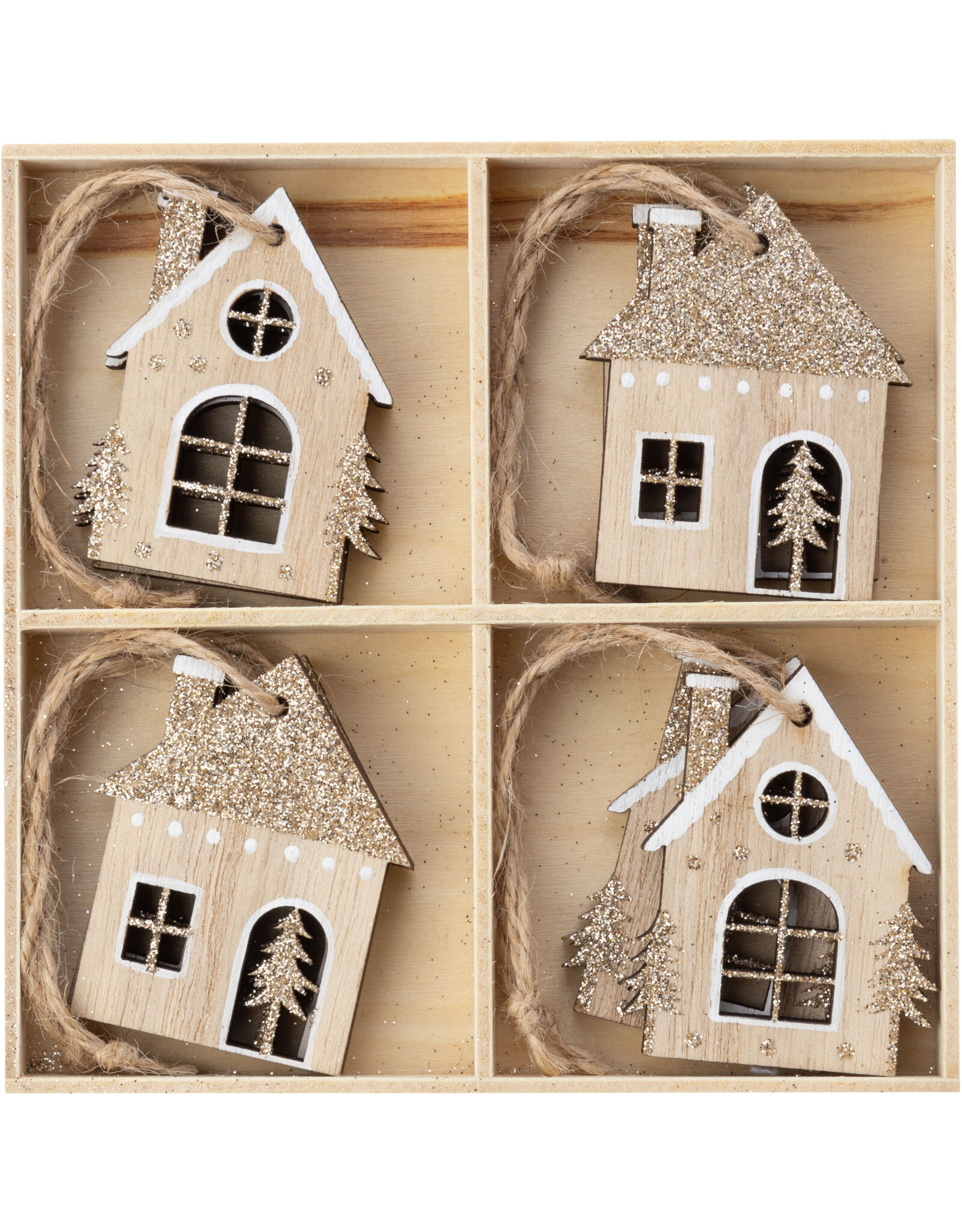 Natural Wood House Ornaments - Set of 8