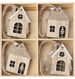Natural Wood House Ornaments - Set of 8