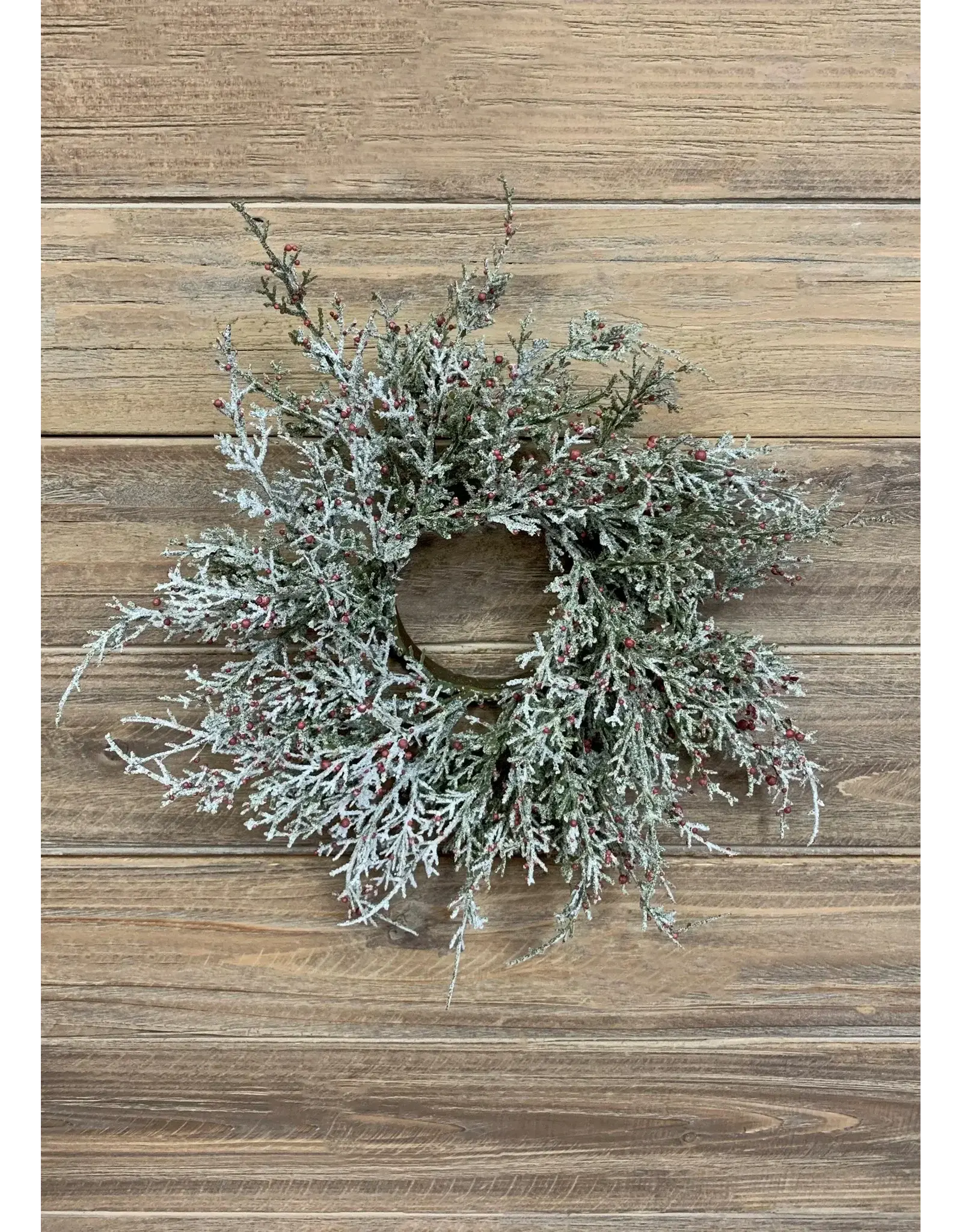 Glittered Cedar Candle Ring, with Red Berries