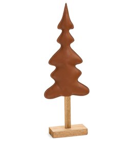 Leather Tree on Wooden Base - brown