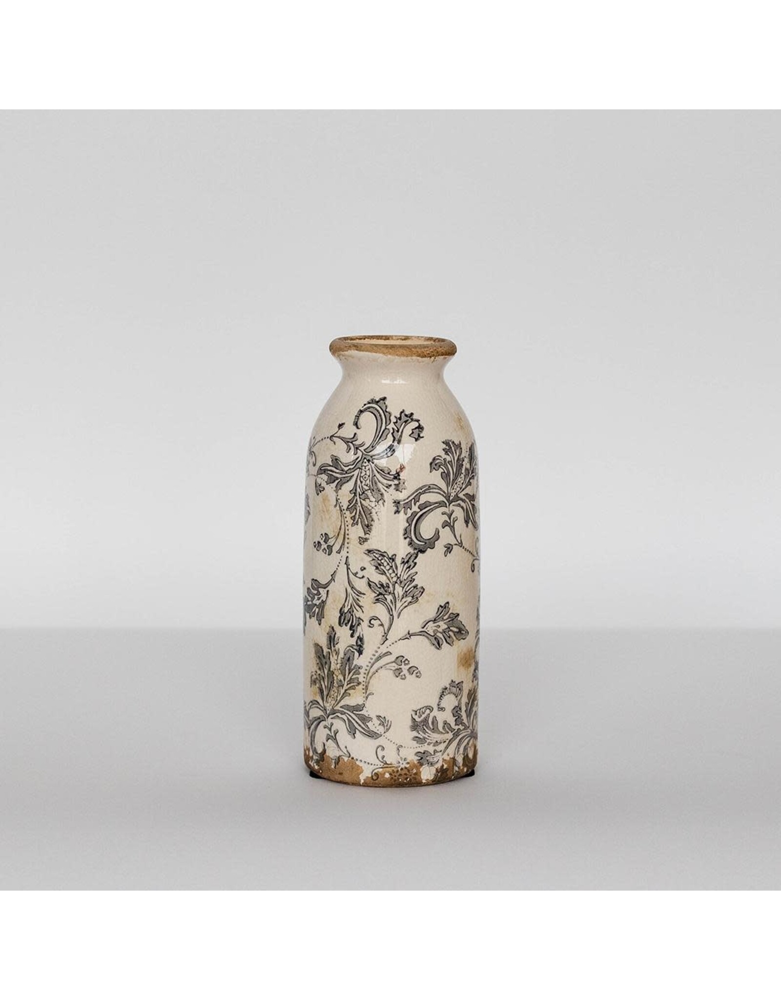 Tall Ceramic Vase with Dark Floral Pattern