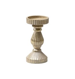 Holland Imports Candle Holder Wooden Pillar 6.5" Light Brown/Antique Gold Brushed