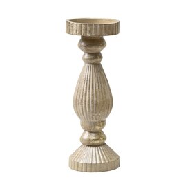 Holland Imports Candle Holder Wooden Pillar 11" Light Brown/Antique Gold Brushed