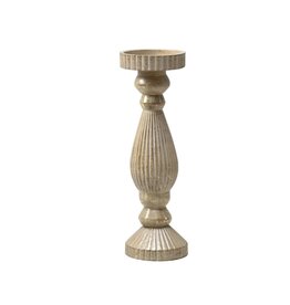 Holland Imports Candle Holder Wooden Pillar 13" Light Brown/Antique Gold Brushed