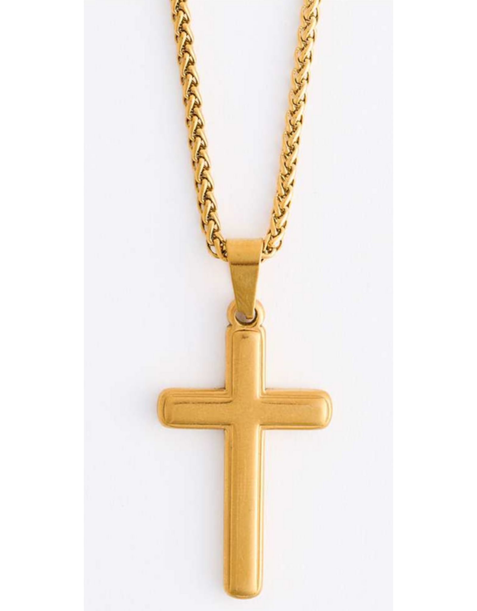 Gold Cross Necklace on Wheat Chain - 22"