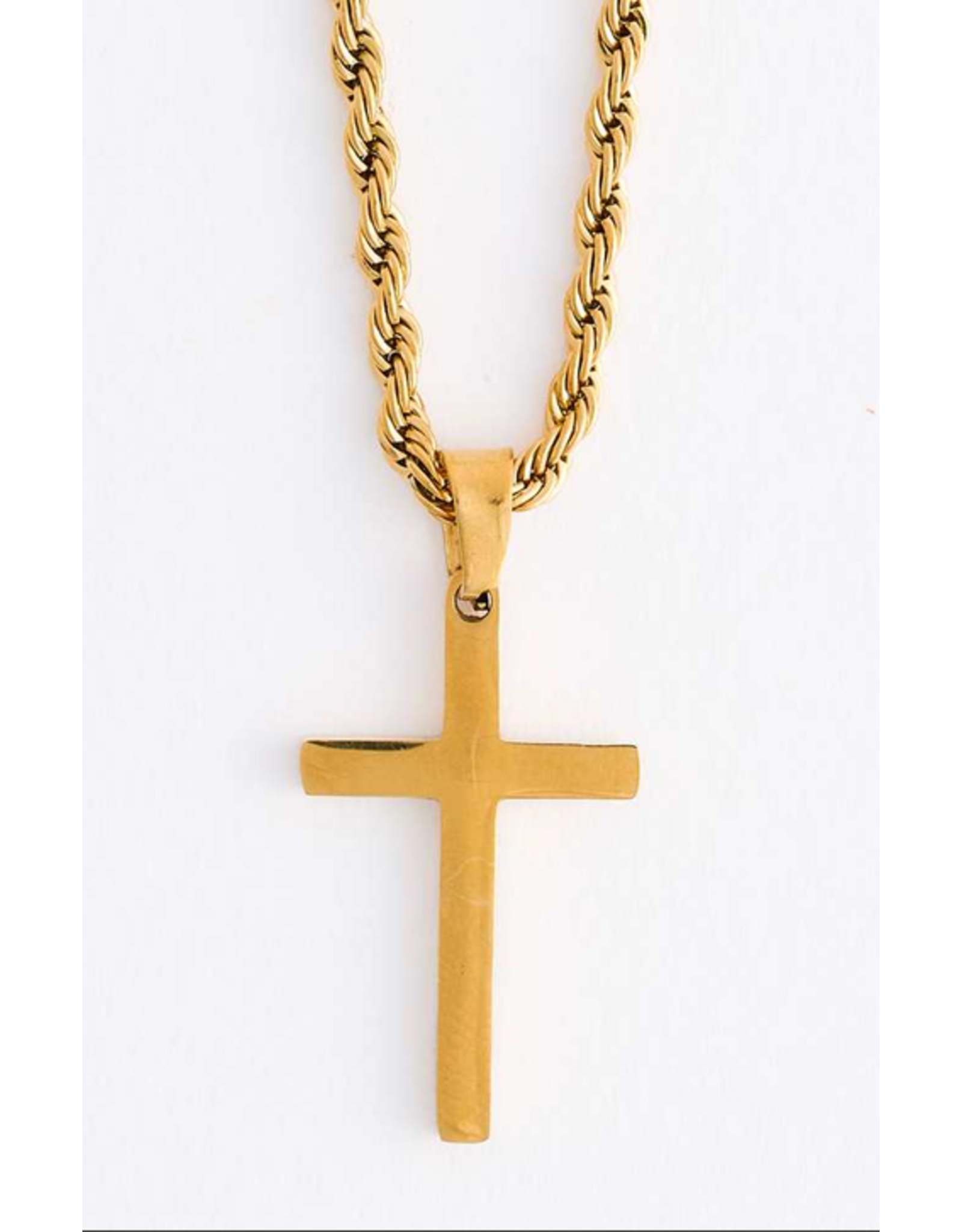 Gold Cross Necklace on Rope Chain - 22"