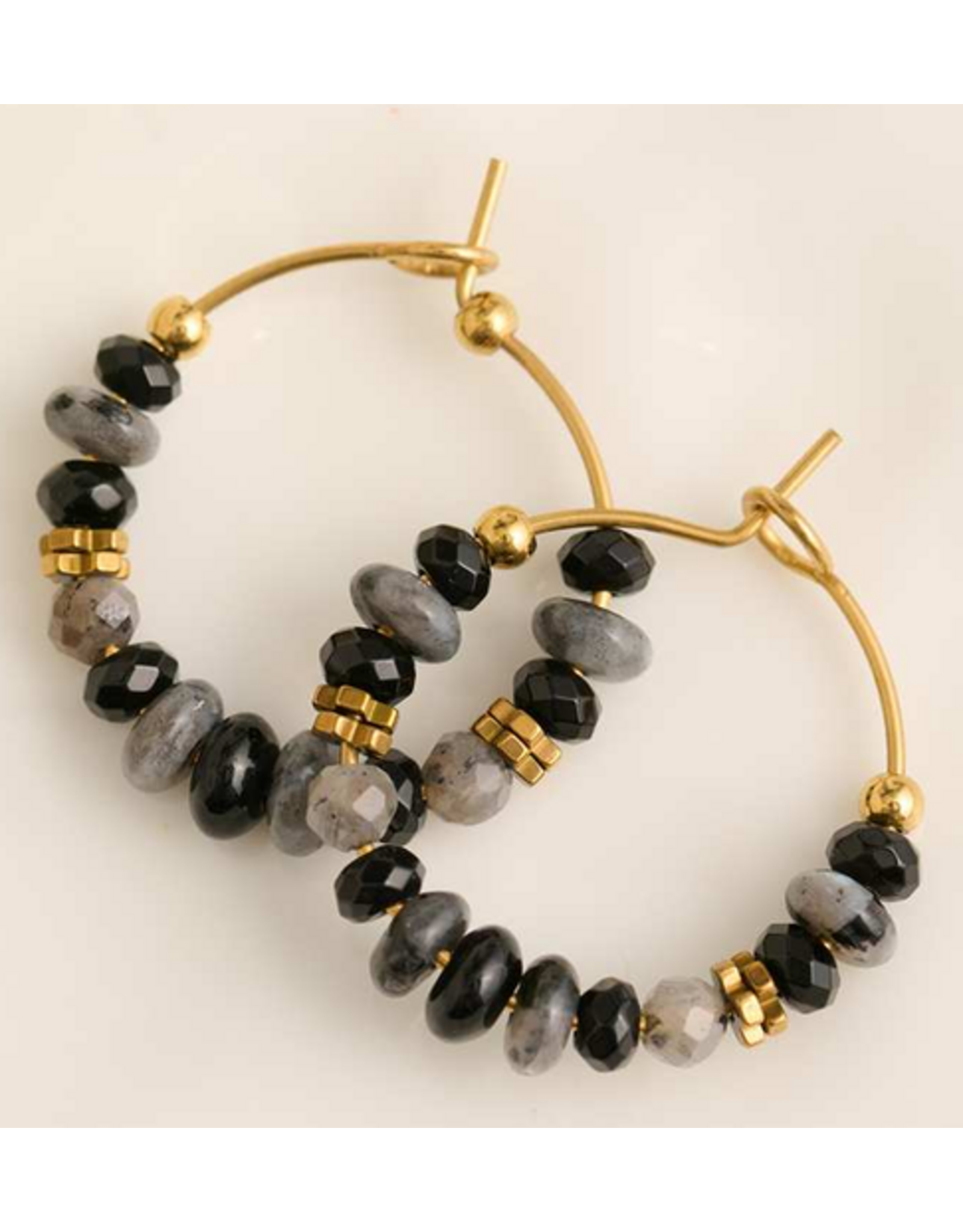 Gold & Black Agate Hoop Earrings