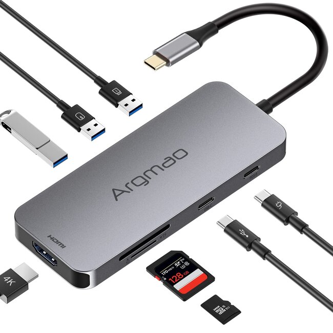 Argmao USB C Hub, 8-in-1 Dongle, USB C to USB C Data Transfer, USB-C PD3.0, 4K@30Hz HDMI, 3 USB 3.0, SD/TF Card Reader Adapter