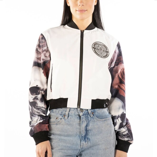 SKULL N ROSES CROPPED BOMBER JACKET WHITE