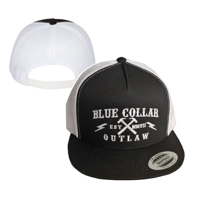 BLUE COLLAR OUTLAW TRUCKER HAT WHITE BLACK