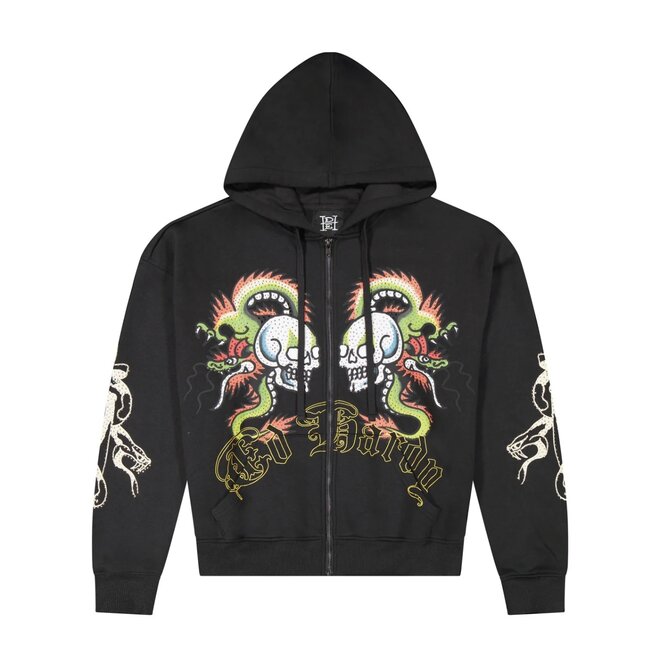 DRAGON SKULLS BOXY RHINESTONE ZIP HOODY BLACK