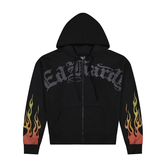 SKULL FLAMES BOXY RHINESTONE ZIP HOODY BLACK