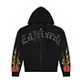 SKULL FLAMES BOXY RHINESTONE ZIP HOODY BLACK