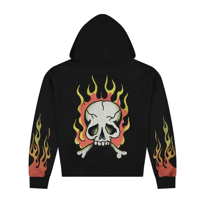 SKULL FLAMES BOXY RHINESTONE ZIP HOODY BLACK