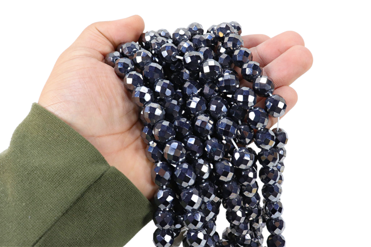 Opaque Hematite Czech Glass Faceted Round 12mm