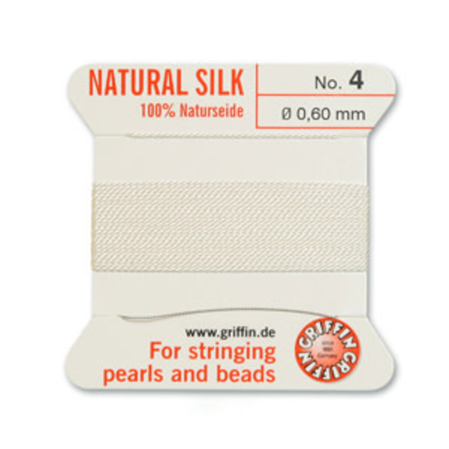 Griffin 100% Natural Silk Thread For Pearl & Bead Stringing - Size #3, White (2 Meters With Needle)