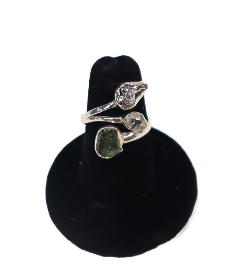 Moldavite, Herkimer, & Campo de Cielo Meteorite Ring
