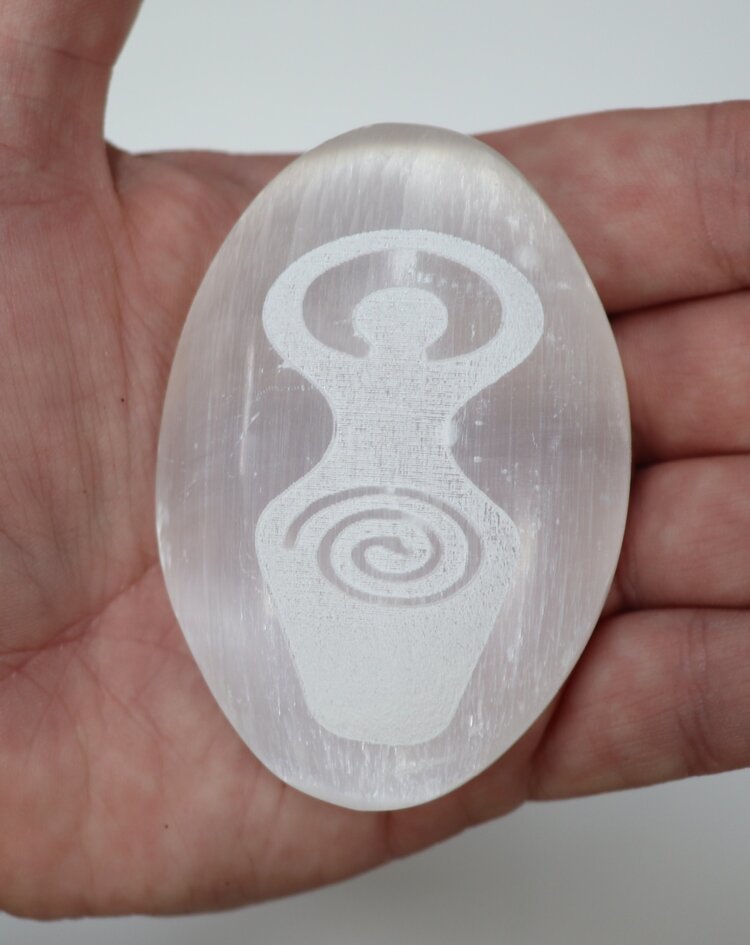 Selenite Palm Stone with Goddess Engraving
