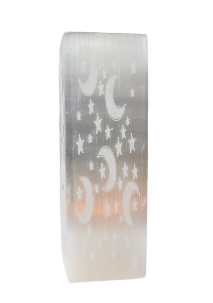 Moon Carved Selenite Rectangle Lamp 10"