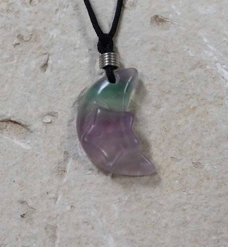 Carved Gemstone Pendant w/Cord Crescent Moon w/ Star